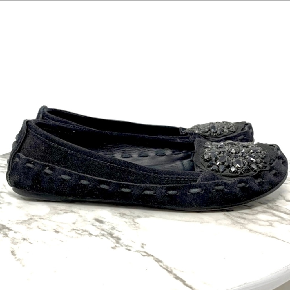 Vera Wang Lavender Label Embellished Black Suede Moccasin Flats 6.5 Edgy Casual - Picture 2 of 16